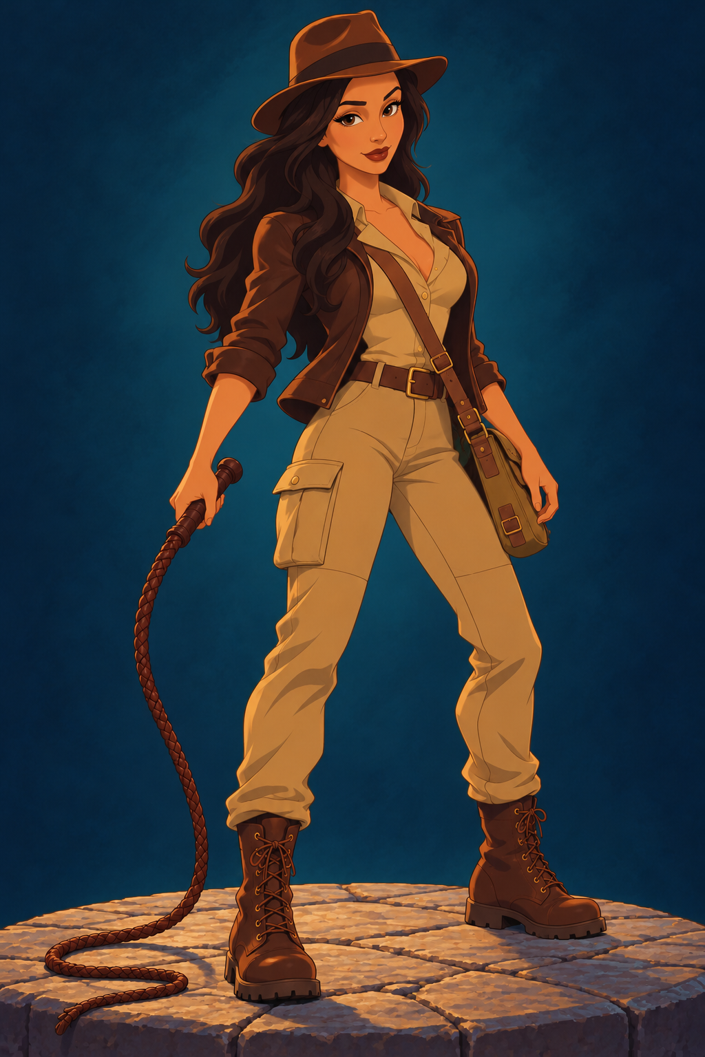 Scarleta Jones, with flowing dark hair, a brown fedora and leather jacket, tan cargo trousers, satchel and whip.